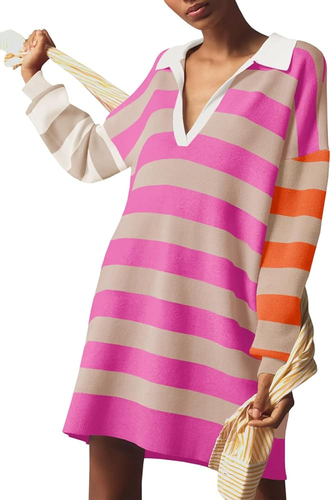 Saodimallsu Womens Striped Oversized Sweater Dress V Neck Collared Color Block Knit Long Sleeve M... | Amazon (US)