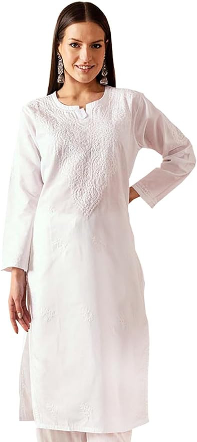 Ada Indian Hand Embroidered Chikankari Women's Straight Cotton Kurta Kurti Tunic A197536 | Amazon (US)