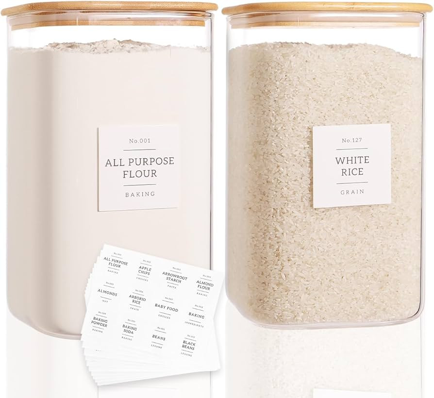 CZZGSM 2 Pack Square Glass Flour and Sugar Containers with 132 Kitchen Pantry Labels - Thicken 14... | Amazon (US)