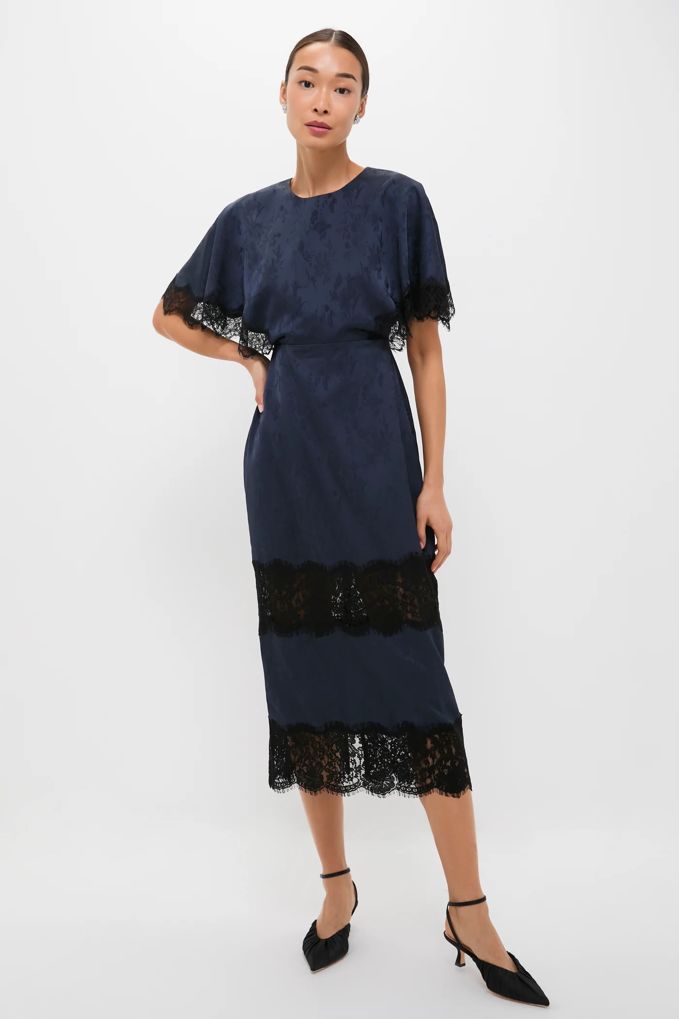 Navy Jacquard and Black Lace Cape Leah Dress | Tuckernuck (US)
