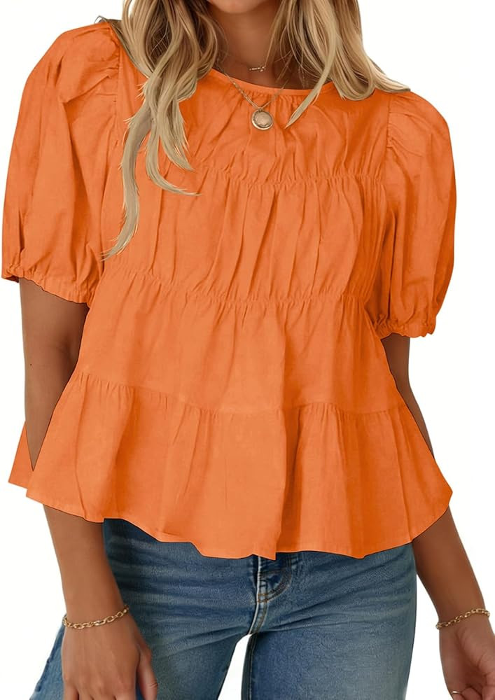 Womens Puff Sleeve Babydoll Peplum Tops 2026 Summer Cotton Tshirts Smoked Pleated Loose Dressy Ca... | Amazon (US)