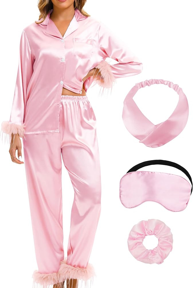 EPLAZA 2 Pcs Silk Pajamas for Women Satin Pajama Set Feather Trim Long Sleeve Button-Down Pj Set ... | Amazon (US)