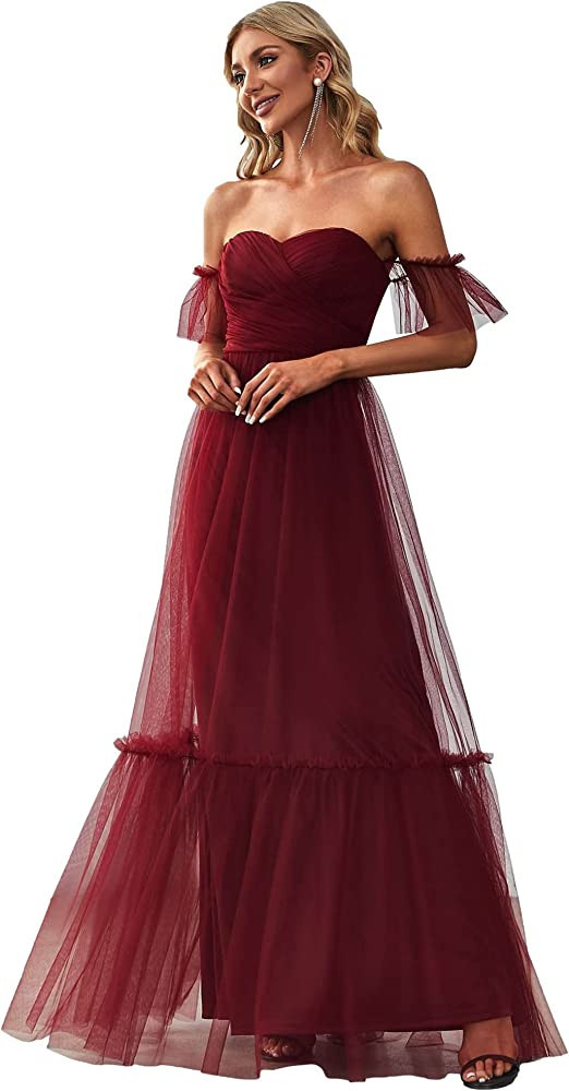Ever-Pretty Women's Maxi Sweetheart Off-Shoulder Ruched Tulle Evening Dresses 50126-USA | Amazon (US)