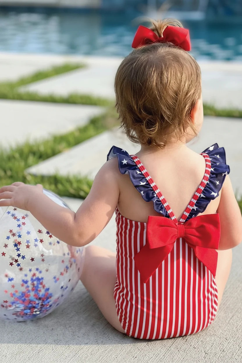 Double Ruffle Bow Back One Piece | Stars & Stripes Party | Caden Lane