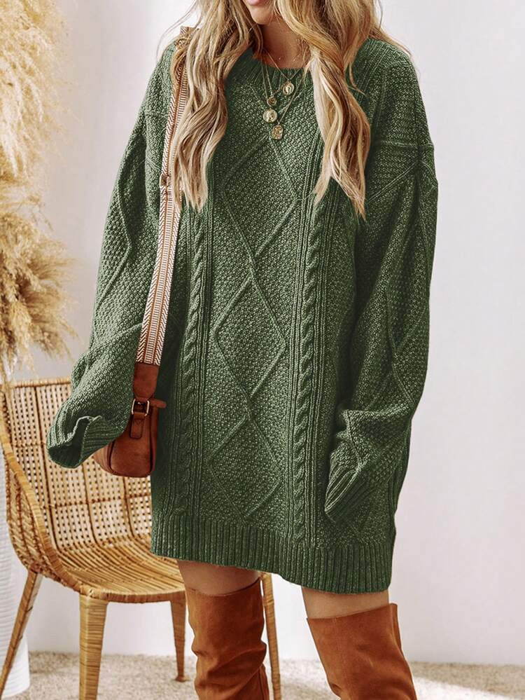 Acelitt Olive Green Textured Pattern Oversized Loose Knit Sweater Dress For Women, Autumn/Winter | SHEIN