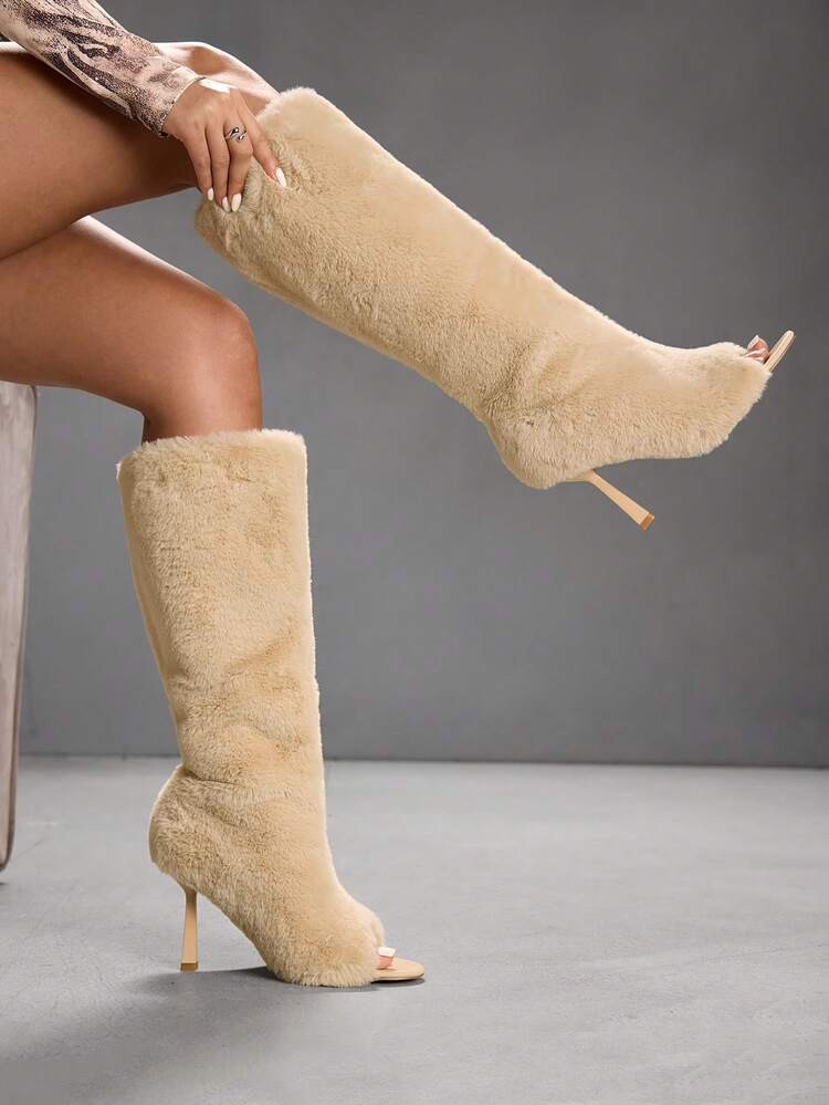 CUCCOO SZL Women's Fashionable Furry Peep-Toe High Heel Over-The-Knee Boots For Christmas | SHEIN