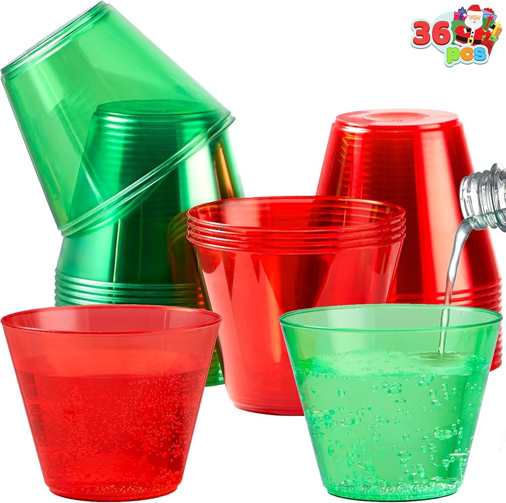 JOYIN 36 PCS Clear Disposable Plastic Cups, 9 OZ Christmas Red and Green Plastic Drinking Cups, P... | Amazon (US)
