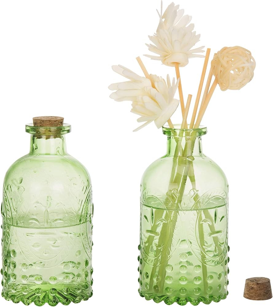 MyGift Vintage Embossed Green Glass Small Reed Diffuser Bottle with Cork Lid, Decorative Flower B... | Amazon (US)