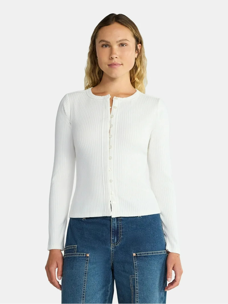 Madden NYC Women's Button Up Ribbed Top with Long Sleeves, Sizes XXS-XXL | Walmart (US)