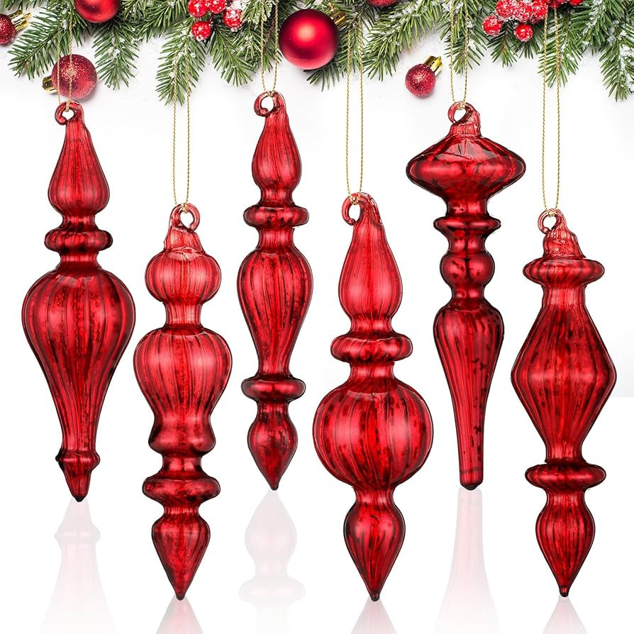 Liliful 6 Pcs 6.3 Inch Red Mercury Glass Finial Christmas Ornaments Hanging Christmas Finials Gla... | Amazon (US)