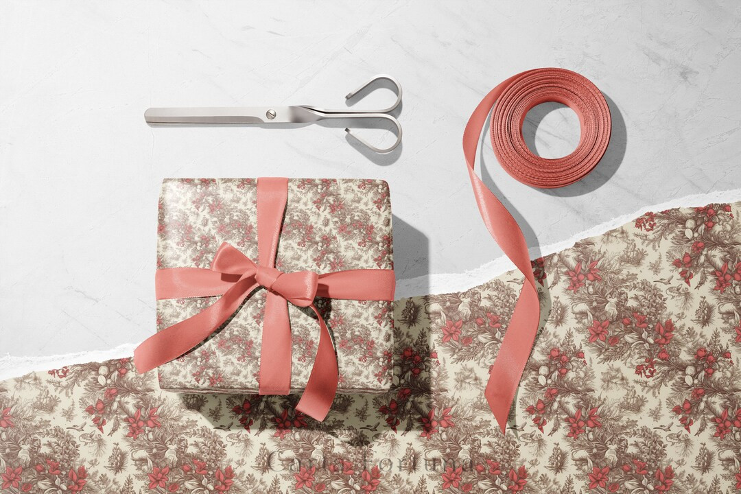 Vintage Christmas Garland Wrapping Paper, Red Pink Christmas Chinoiserie, Cute Holiday Gift Wrapp... | Etsy (US)