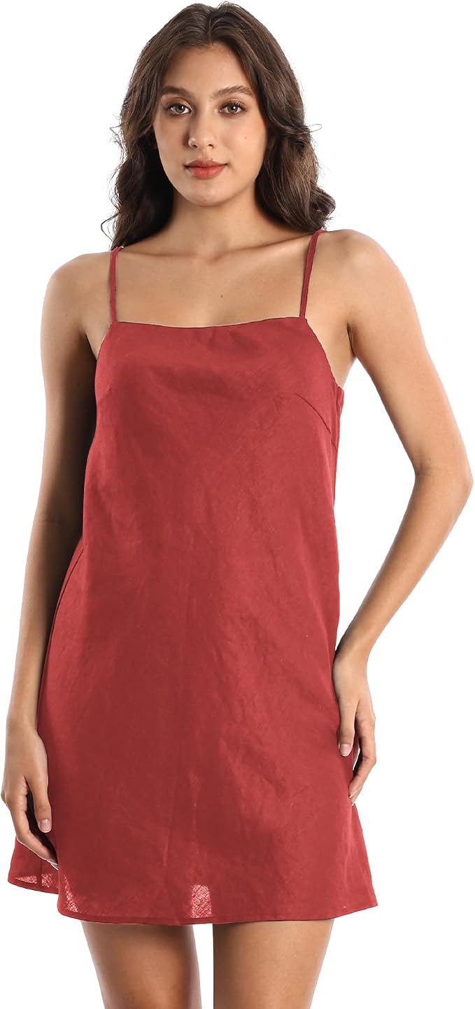 Women's Pure Linen Summer Sleeveless Spaghetti Strap Mini Dress with Lining | Amazon (US)