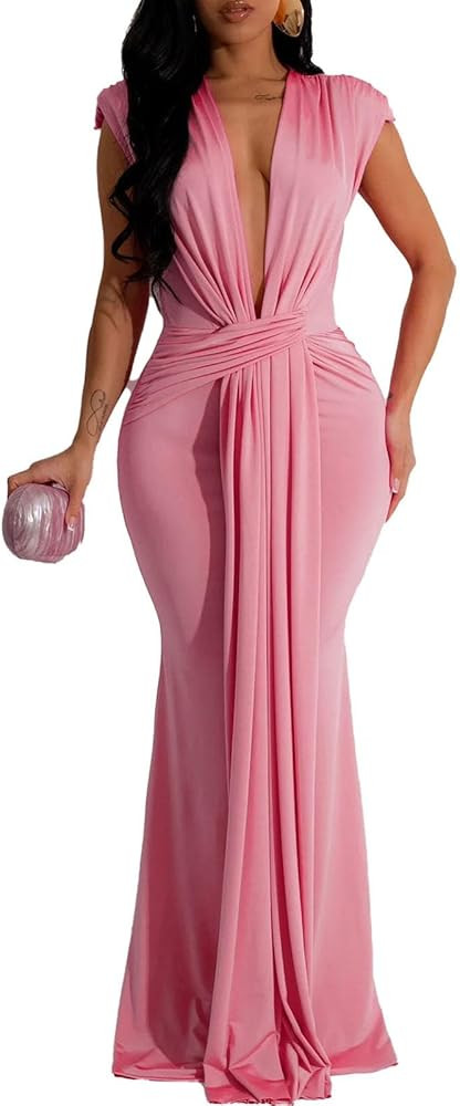 Yuopeid Women's Sexy Sleeveless Deep V Neck Fashion Ruched Bodycon Floor Length Formal Evening Pa... | Amazon (US)