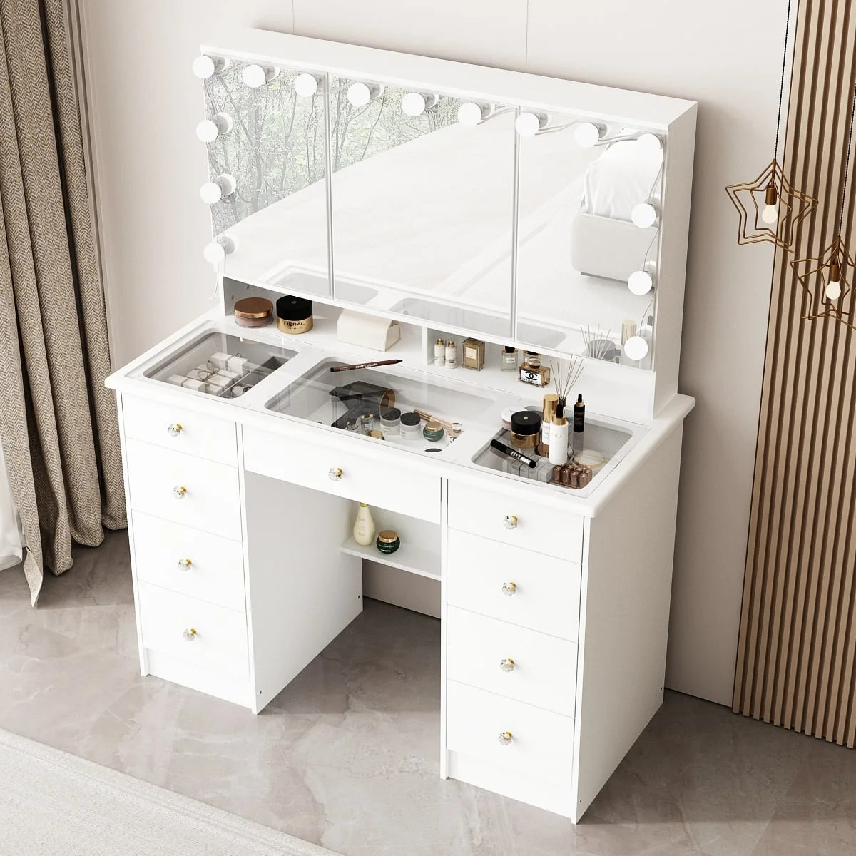 Timechee Makeup Vanity w/Tri-Fold Mirror Certified Lighting Glass Top Dresser | Walmart (US)