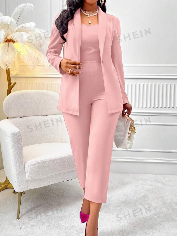 SHEIN Slayr Solid Cami Top & & Pants & Open Front Blazer | SHEIN
