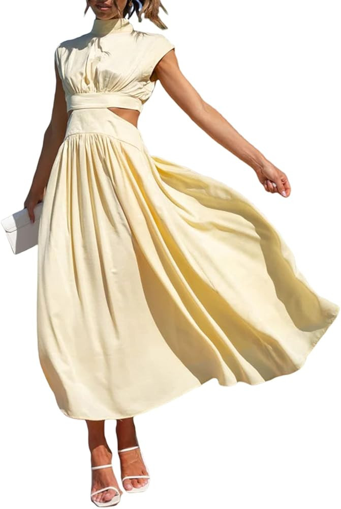 Women Sleeveless Cutout Pleated Maxi Dress Solid Color Summer Casual Dress Mock Neck Dresses A-Li... | Amazon (US)
