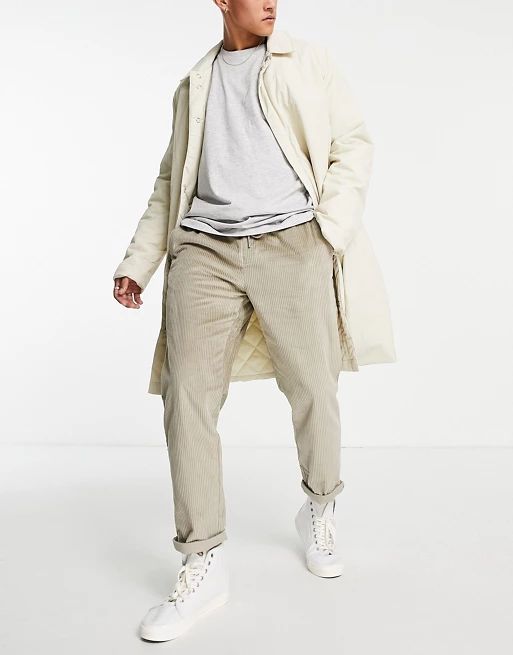 ASOS DESIGN cord slim trousers with elasticated waist in dark beige | ASOS (Global)