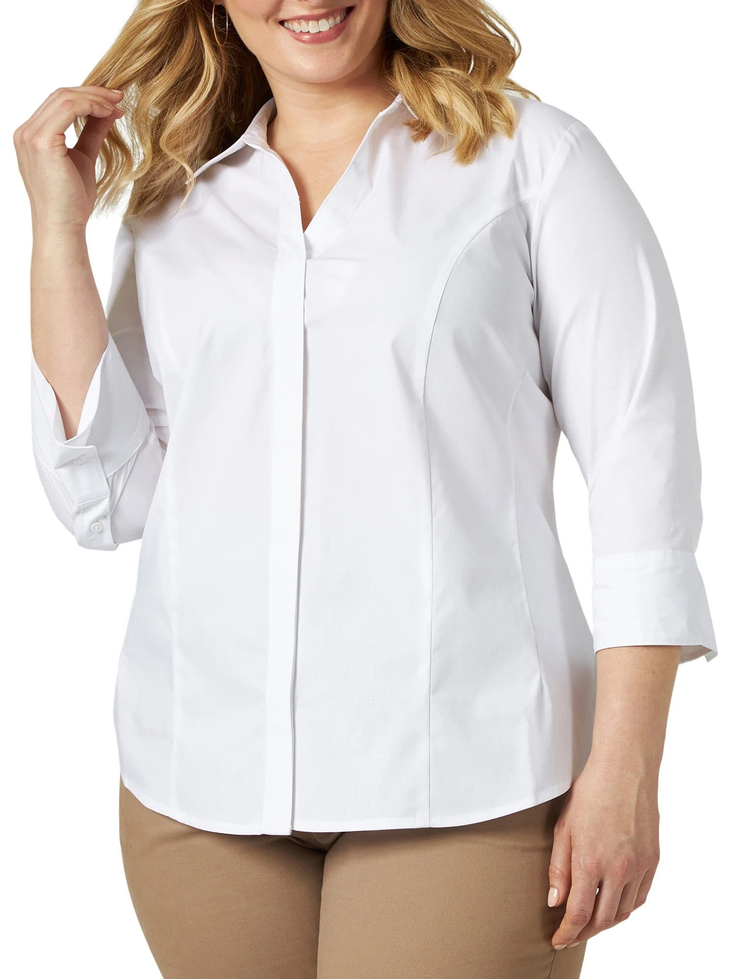 Indigo Womens Plus Bella Poplin 3/4 Sleeves Button-Down Top - Walmart.com | Walmart (US)