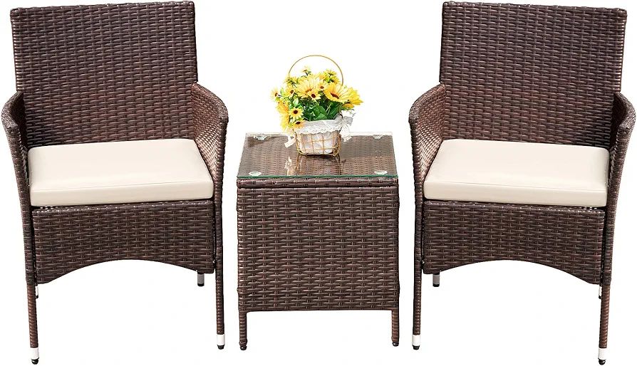 Devoko Patio Porch Furniture Sets 3 Pieces PE Rattan Wicker Chairs with Table Outdoor Garden Furn... | Amazon (US)