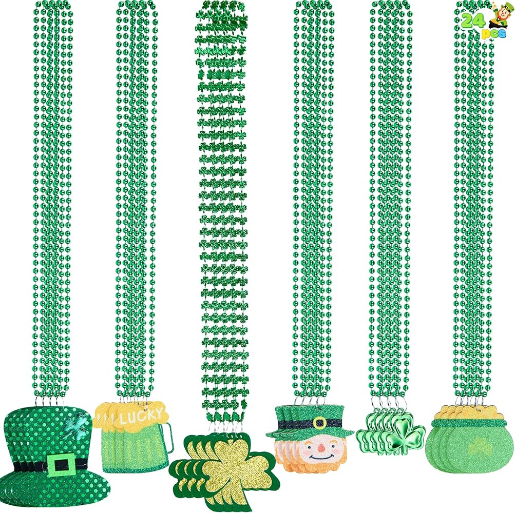 JOYIN 24 Pcs St Patricks Beads Necklaces with 6 Designed Pendants, Green Necklaces Bulk for St. P... | Amazon (US)