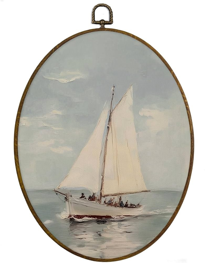 MAQIKA Vintage Nautical Sailboat Framed Oval Wall Art Decor, Coastal Oval Wall Hanging Decor, Bea... | Amazon (US)