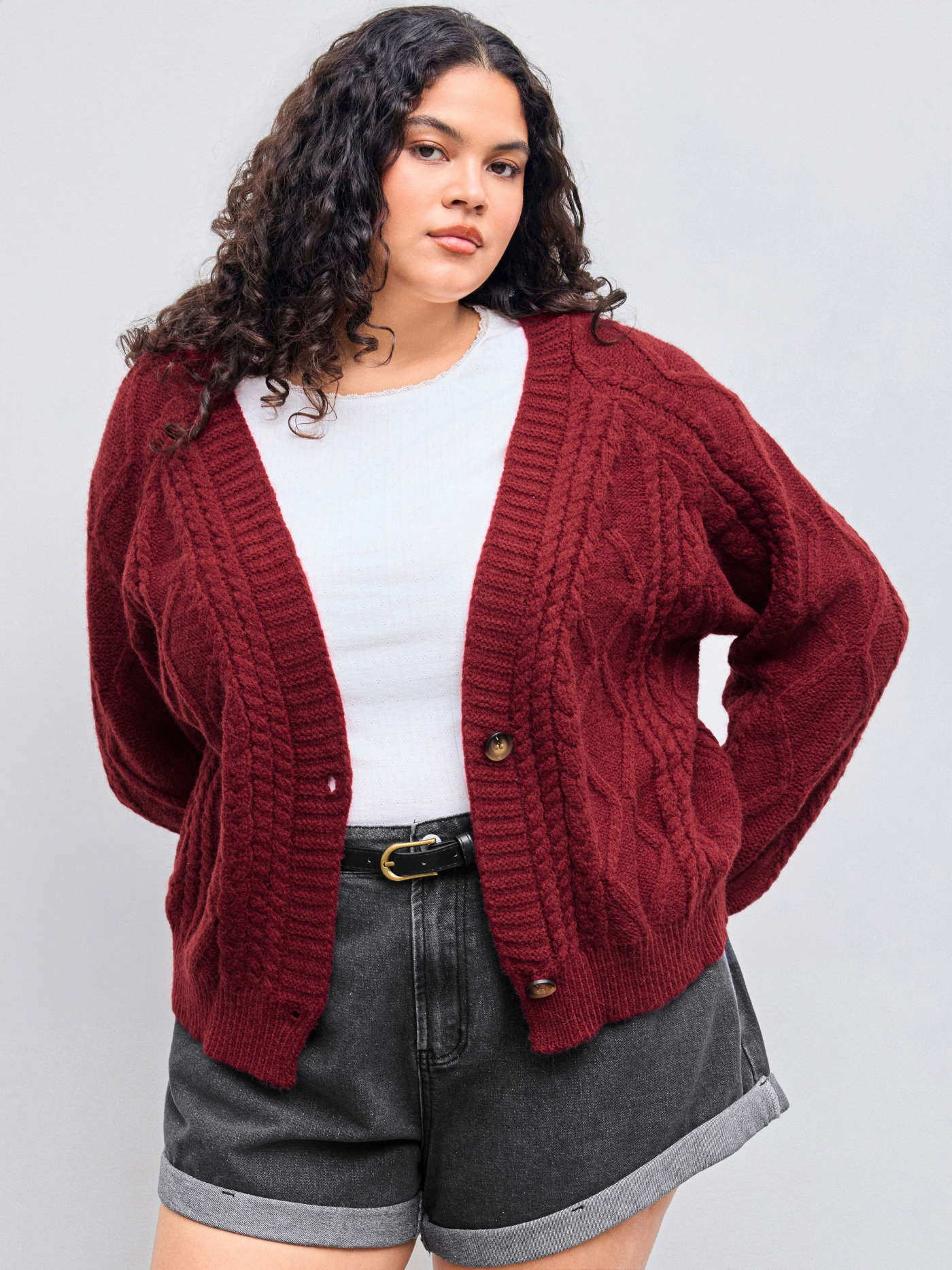 Fall Sweater Knit Fabric V-neck Cable Knit Button Cardigan Curve & Plus For School Daily Casual P... | Cider