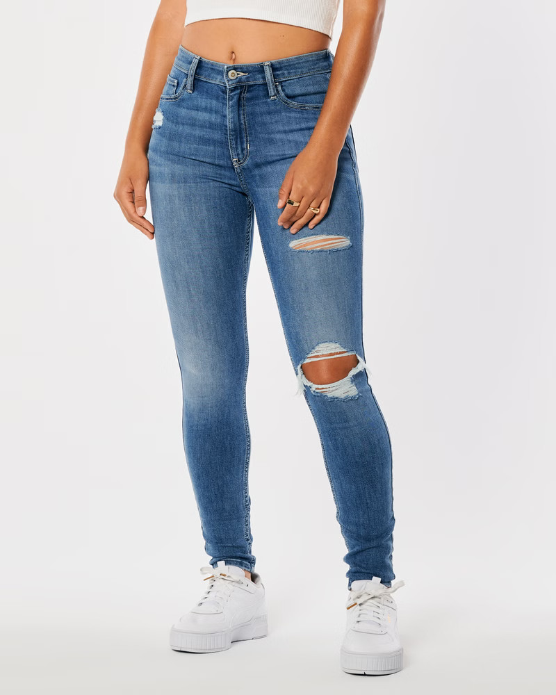 Women's High-Rise Ripped Medium Wash Super Skinny Jeans | Women's Bottoms | HollisterCo.com | Hollister (US)