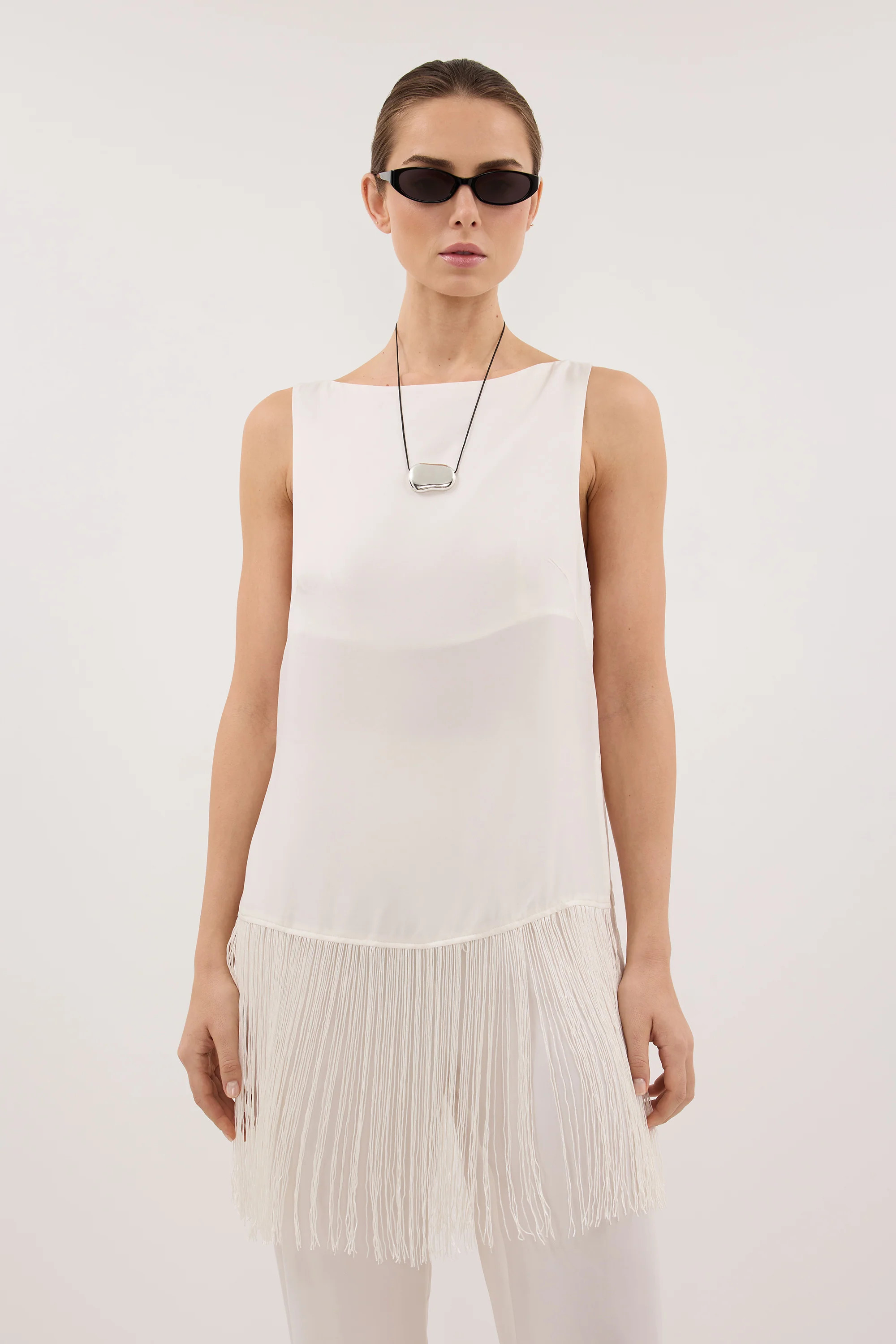 FIORA WHITE CUPRO FRINGE TOP | DISSH