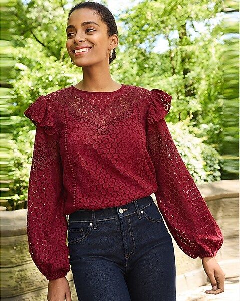 Lace Long Sleeve Ruffle Shoulder Top | Express