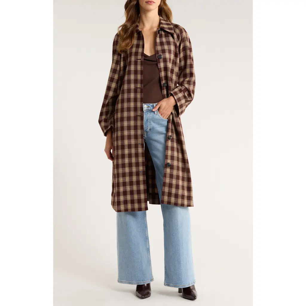 Reformation Beck Plaid Trench Coat in Brown Check at Nordstrom, Size Medium | Nordstrom