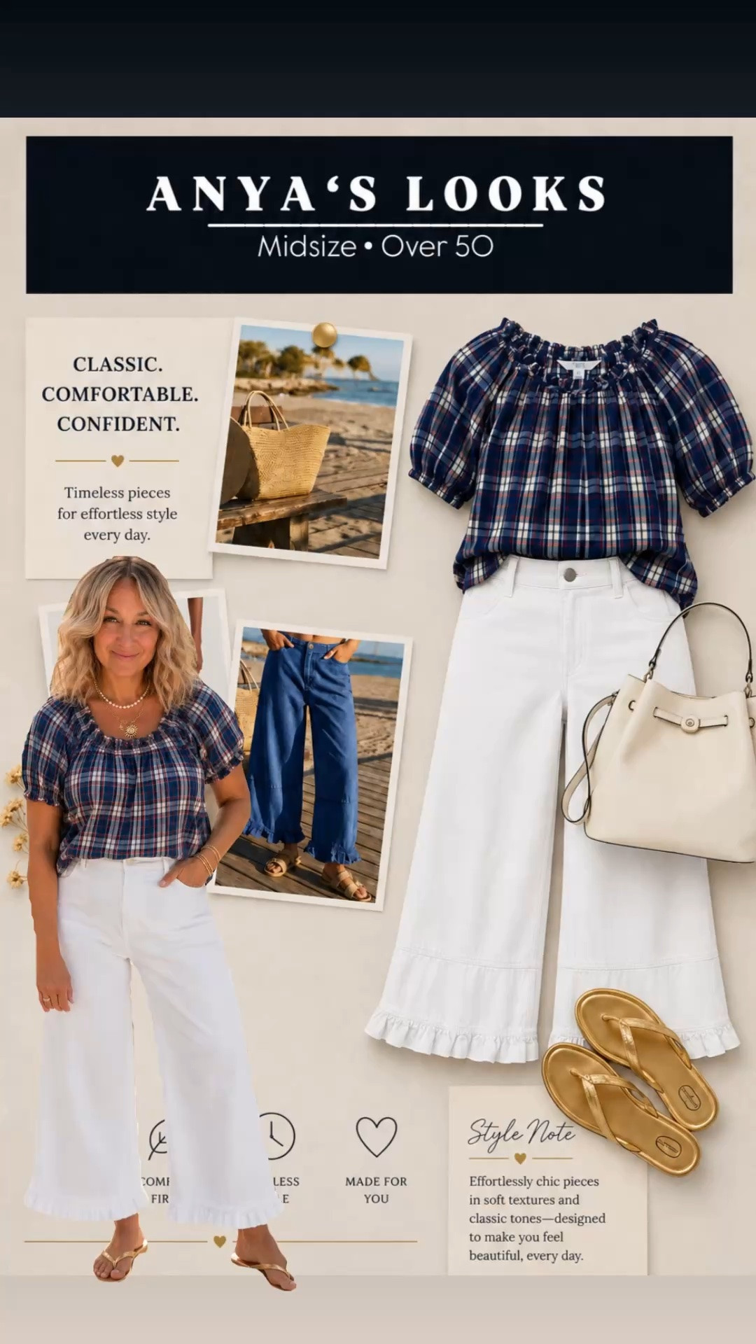 This outfit checks all the boxes for summer style—lightweight, easy to wear, and effortlessly put together. The plaid blouse adds just the right amount of charm, while the white ruffle-hem pants keep the look fresh and timeless.

These are the pieces I reach for when I want to feel comfortable, confident, and polished without overthinking it.

Would you wear the white pants or the denim version? 👇✨
-

midsize fashion, over 50 fashion, women over 50 style, summer outfit ideas, classic summer outfit, white pants outfit, plaid blouse outfit, casual chic fashion, timeless style, midsize outfit inspiration, flattering outfits for women, comfortable summer fashion, effortless style, everyday fashion, wardrobe staples, summer wardrobe essentials, fashion for women over 50, classic style inspiration, affordable fashion finds, Anya’s Looks