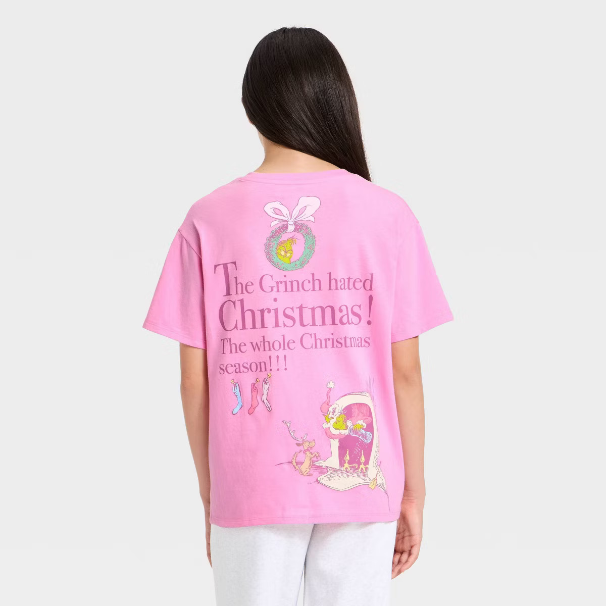 Girls' The Grinch Who Stole Christmas Oversized Front and Back Graphic T-Shirt - Pink M | Target