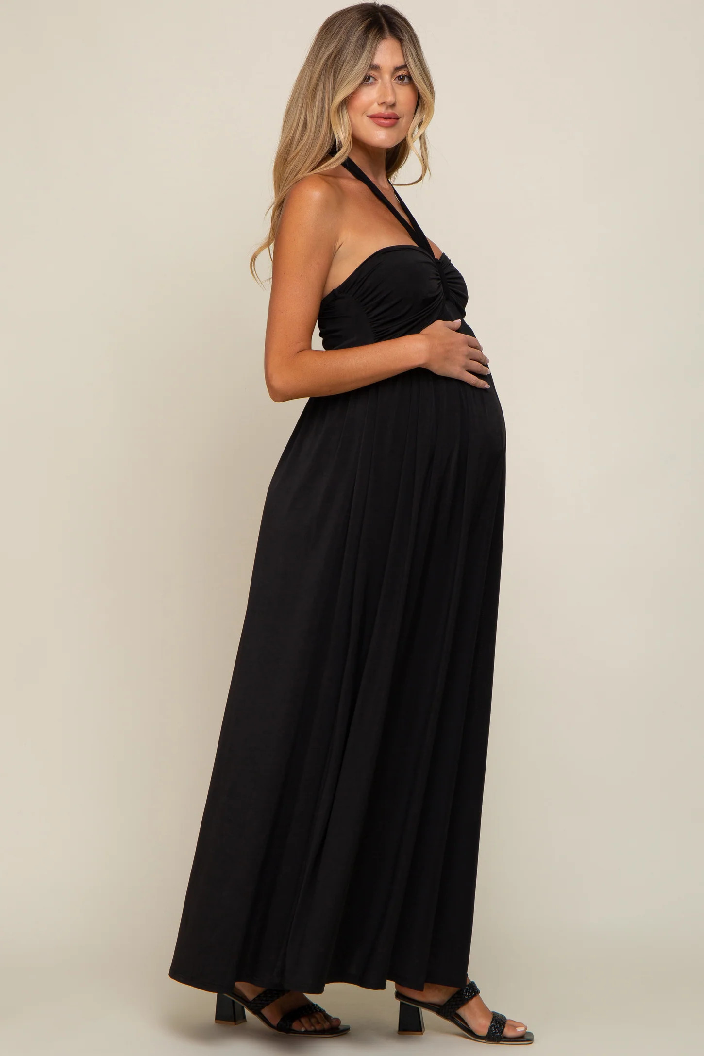 Black Front Knot Halter Maternity Maxi Dress | PinkBlush Maternity