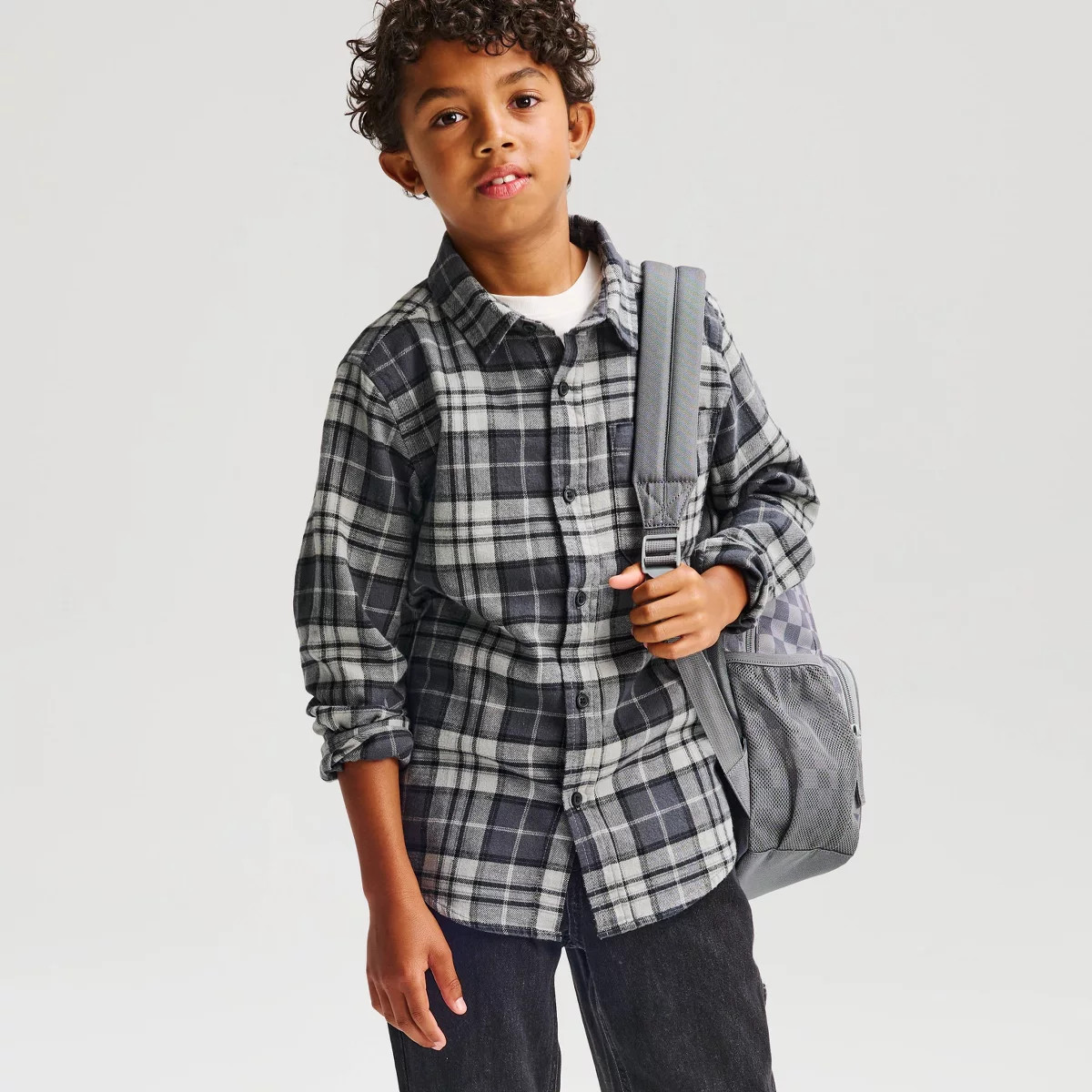 Boys' Long Sleeve 100% Cotton Plaid Flannel Button-Down Shirt - Cat & Jack\u2122 Gray L | Target