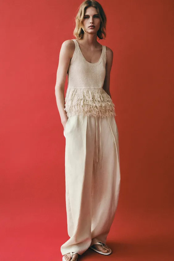 Round-neck top with wide straps and a fringed hem. | Zara UK