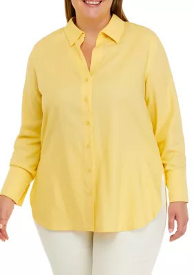 THE LIMITED Women's Plus Size Long Sleeve Linen Button Down Shirt, Yellow, 0X | Belk