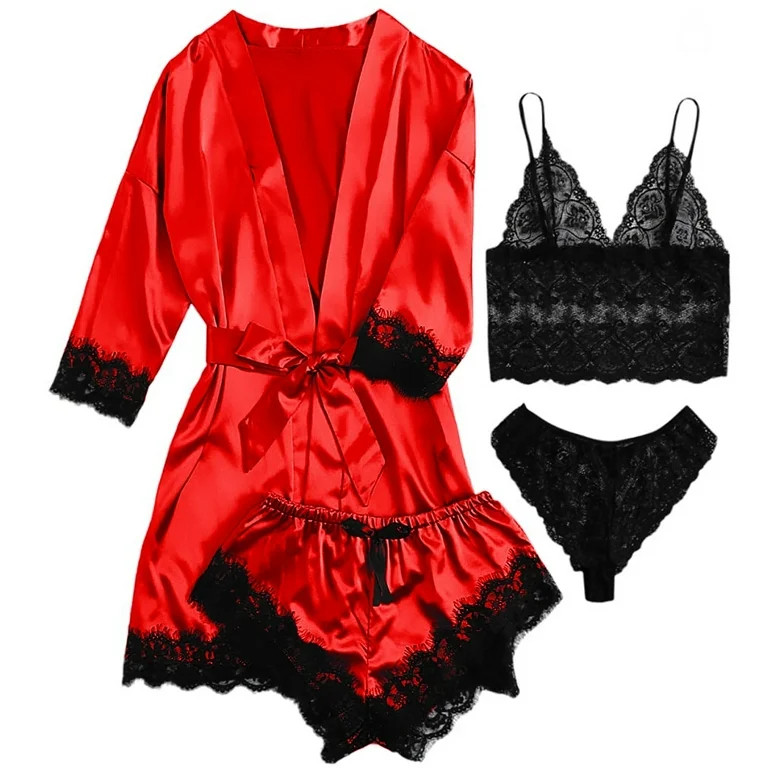 AMITOFO Robes for Women Satin Silk Pajamas Set 4pcs Lace Trim Cami Sexy Lingerie Sleepwear Underw... | Walmart (US)