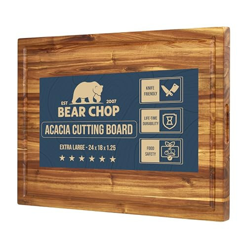 Bearchop Acacia Wood Cutting Boards for Kitchen, [24" x 18" x 1.25"] Large Wood Cutting Board, Solid Wood Butcher Block Cutting Board with Juice Grooves and Handle,Knife Friendly and Reversible | Amazon (US)