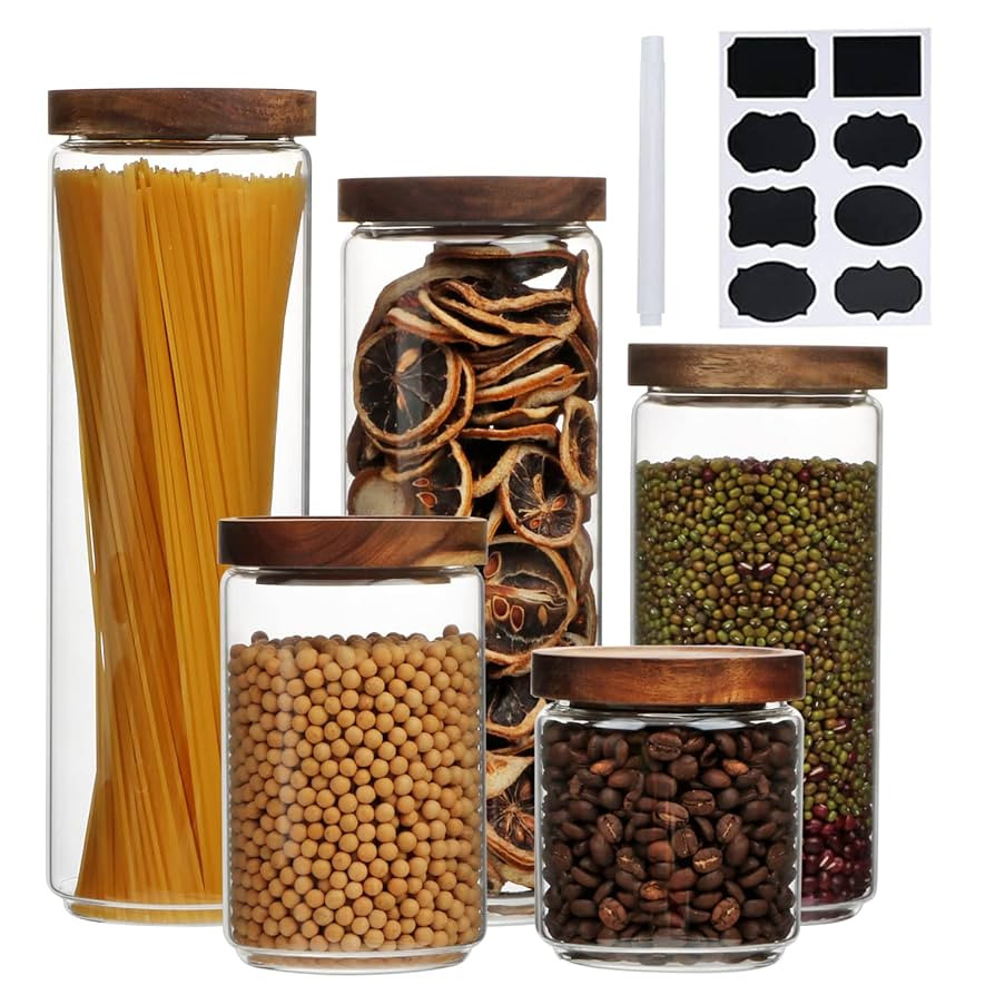 Glass Canisters With Wooden Lids Kitchen Jars for Storage,Tea,Sugar and Coffee Container Set,Set ... | Amazon (US)