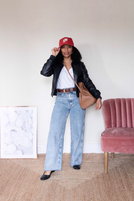 Wide Leg Jeans Outfit - the jeans styled with a t-shirt, bomber jacket, Mary janes and a baseball cap. 
Spring outfits
Petite outfits 

#LTKover40 #LTKSeasonal #LTKeurope