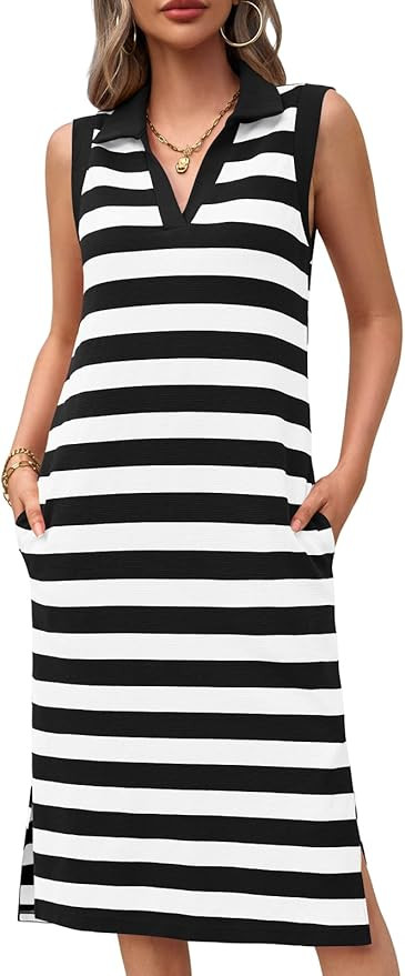 Wenrine Women's Striped Summer Dress Casual Polo V Neck Sleeveless Slit Loose Fit T Shirt Midi Dr... | Amazon (US)