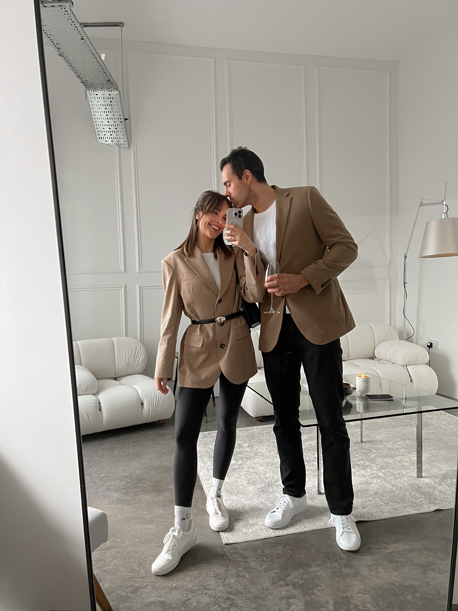 Brown beige blazer, grey black leggings, white long socks, white trainers, white t-shirt, basic tee, black shoulder bag, black jeans 

#LTKeurope #LTKstyletip #LTKSeasonal