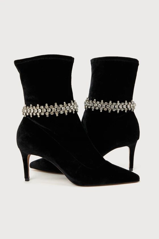 Marion Black Velvet Rhinestone Pointed-Toe High Heel Boots | Lulus (US)