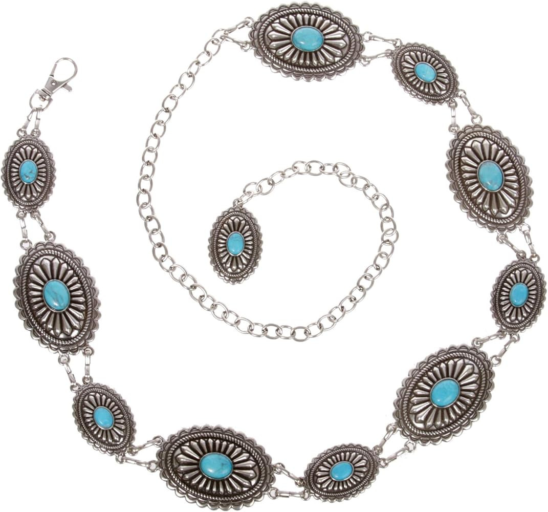 Women's Western Oval Turquoise Stone Concho Chain Belt | Amazon (US)