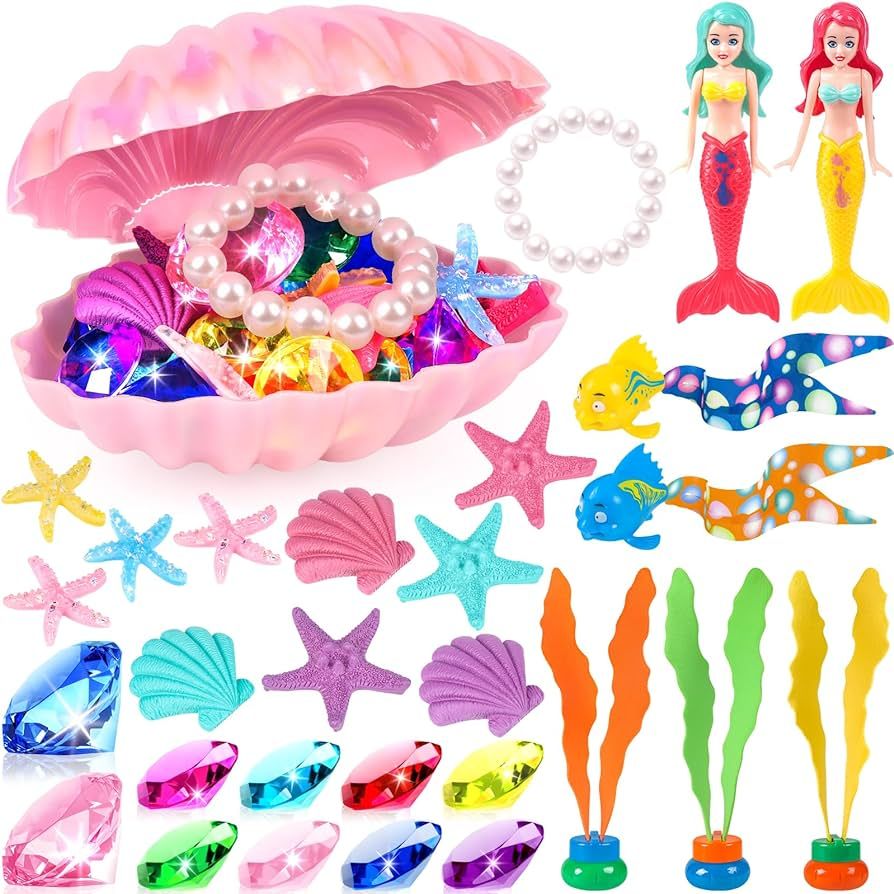 Pool Toys, 31Pcs Mermaid Toys Diving Toys with Shell Treasure Chests and Storage Bag, Swimming Po... | Amazon (US)