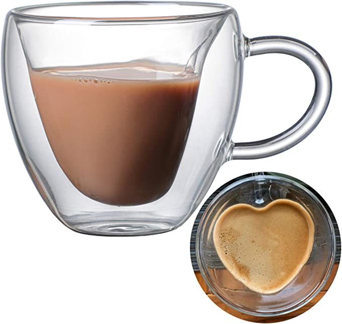 HKKAIS 8 OZ Heart Shaped Glass Coffee Mug, Double Walled Tea Cups, Clear Borosilicate Glass Mug f... | Amazon (US)