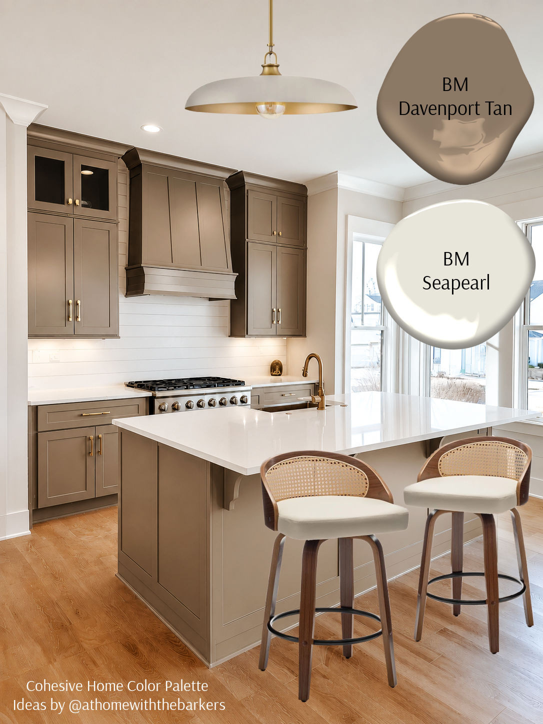 Dark Taupe kitchen cabinets, bar stools and light fixture 

 #LTKHome #LTKSaleAlert