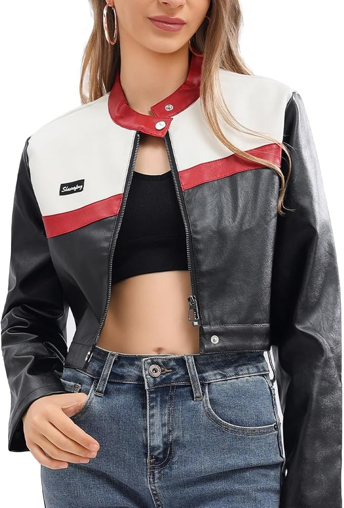 Women Cropped Faux Leather Jacket Moto Biker Bomber Jackets Zip Up Motorcycle Coats | Amazon (US)