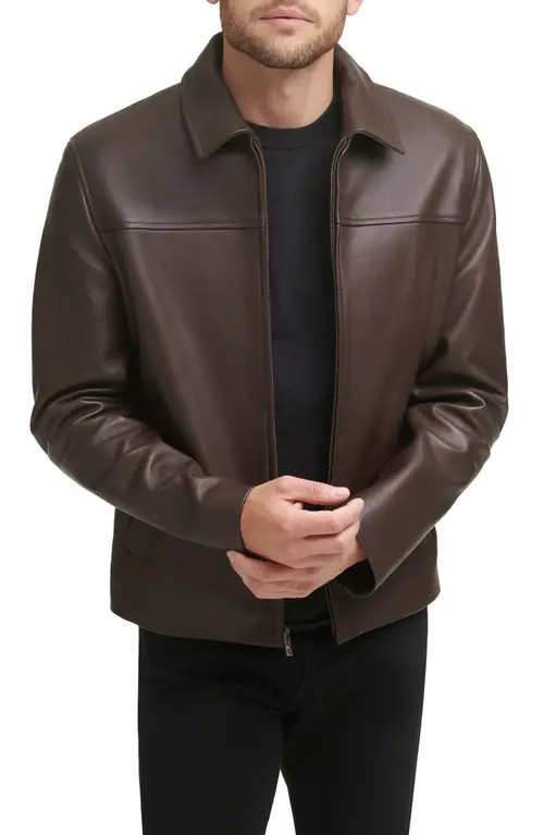 Cole Haan Smooth Lamb Leather Collared Jacket in Java at Nordstrom, Size Medium | Nordstrom
