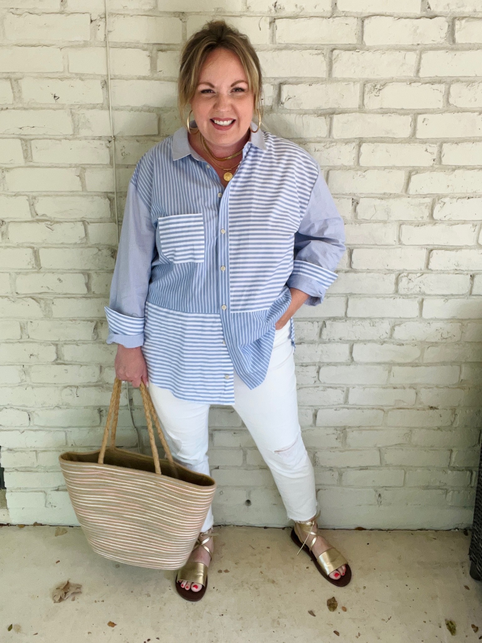 Large top; 12 jeans

#LTKSeasonal #LTKworkwear #LTKunder50